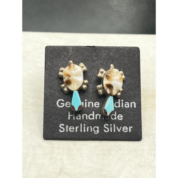 Zuni Indian Sterling Silver Turquoise Coral Turtle Post Earrings Handmade New - Picture 2 of 7